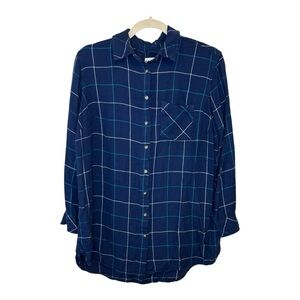 Ava & Viv Navy Blue Plaid Windowpane Button Down Shirt Casual Cozy Relaxed 1X
